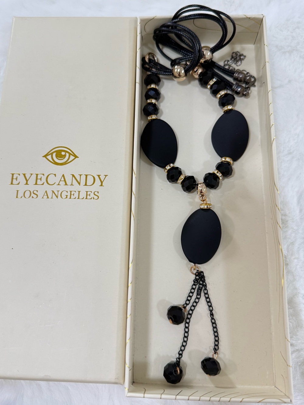 eye candy Black Matte Beaded Drop Necklace